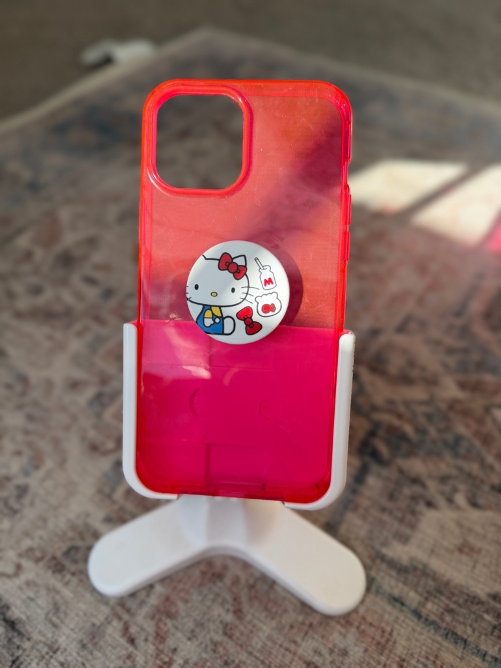 iPhone 12 ProMax Translucent Hot Pink Case with Hello Kitty Pop Socket